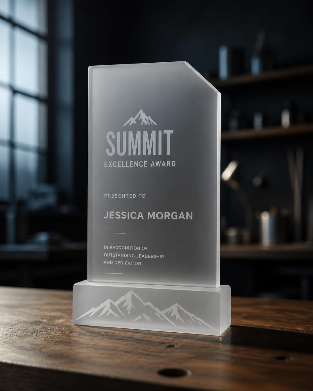 Frosted acrylic award with etched mountain artwork on a walnut bench