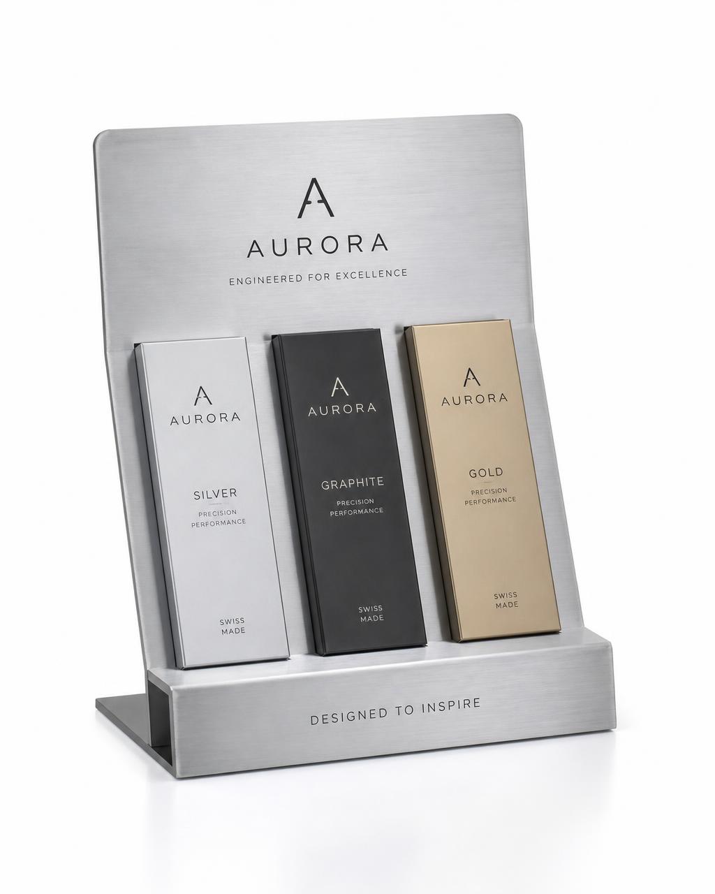 Brushed aluminum point-of-purchase display stand holding product boxes