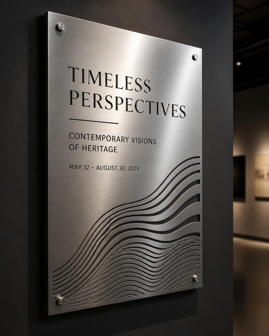 Stainless steel exhibition signage panel with laser-cut wave detail