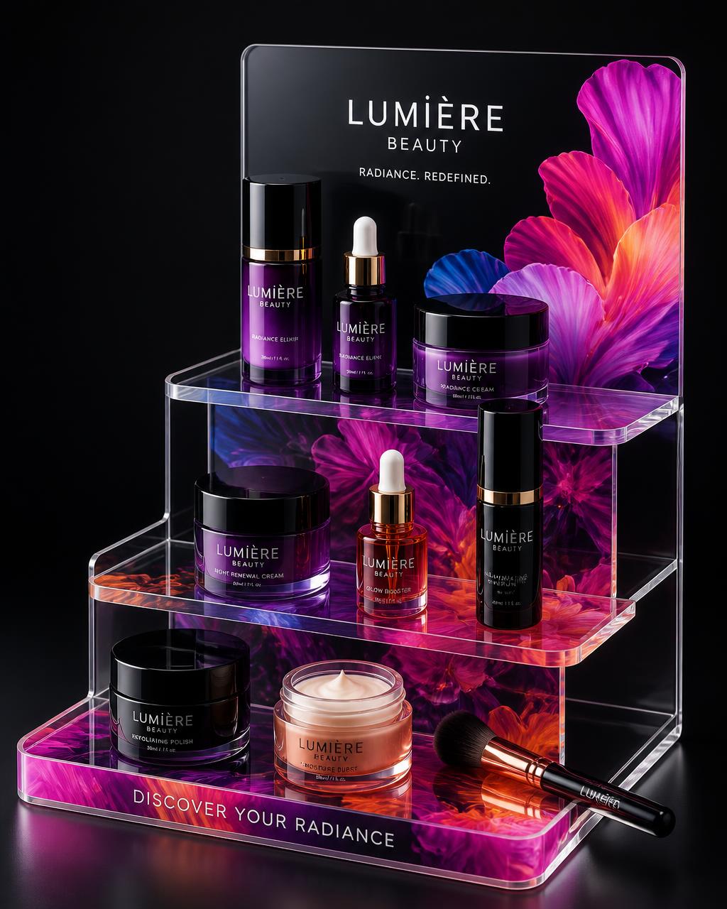 Clear acrylic tiered riser display with full-color UV printed graphics