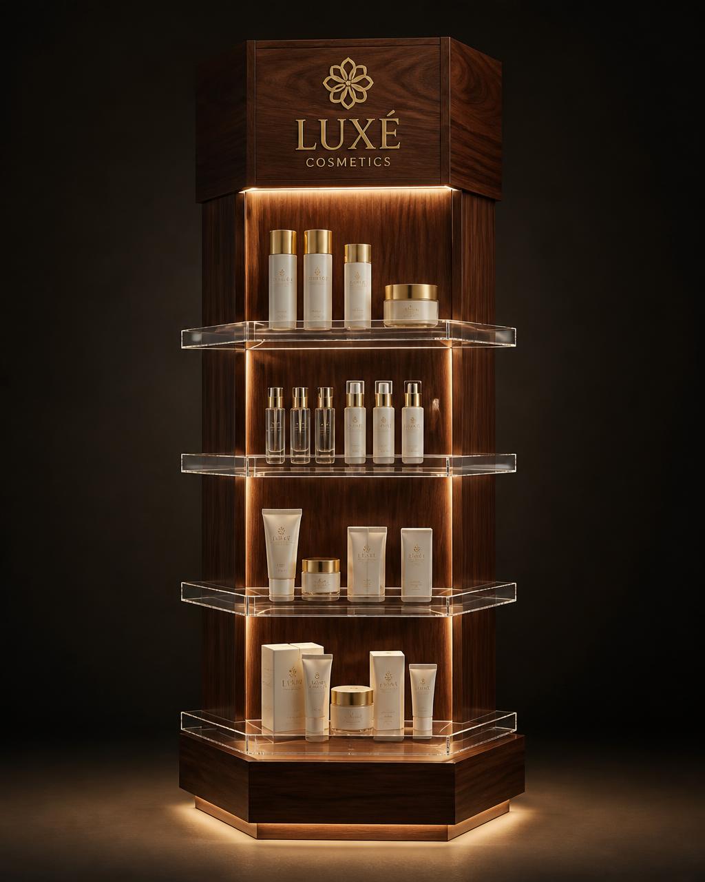 Walnut retail display tower with clear acrylic shelves and warm lighting