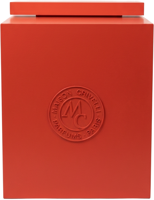 Red plinth with the machined Maison Crivelli Parfums Paris medallion in relief